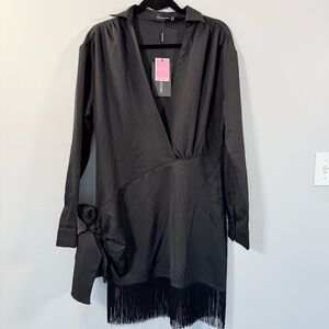 PrettyLittleThing Black Fringe Hem Long Sleeve Dress Drape Front Side Bow Large